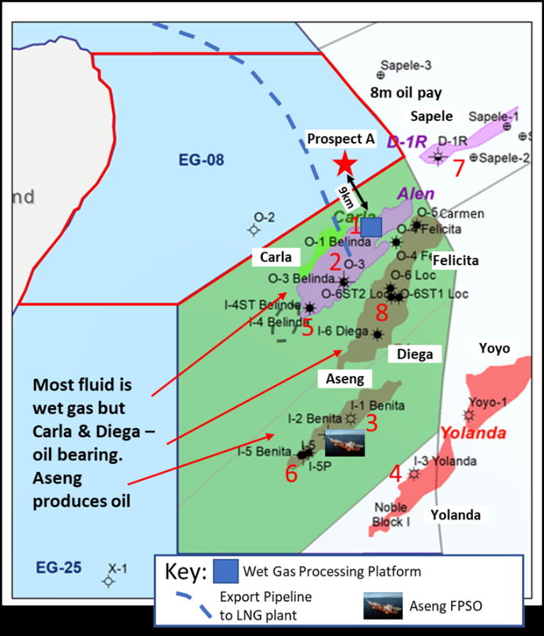 Map of EG-08 and the neighbouring Alen and Aseng fields showing Prospect A, the wet gas processing platform and export pipeline to the LNG plant