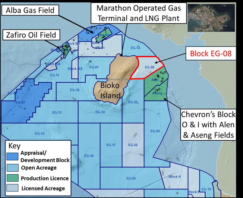 Map showing Block EG-08 offshore Bioko Island, Equatorial Guinea, alongside the Alba gas field, Zafiro oil field and Chevron's Blocks O and I