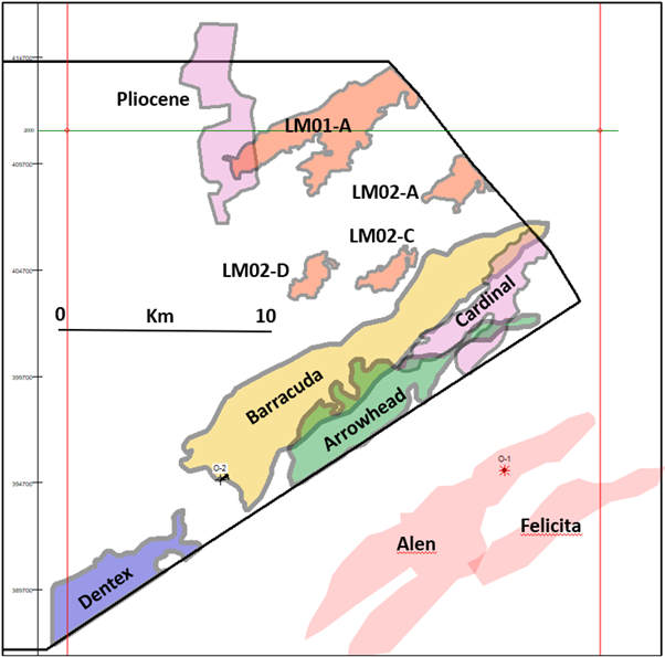 Map of prospectivity in Block EG-08 showing the Barracuda, Arrowhead, Cardinal and Dentex prospects and the Alen field to the south
