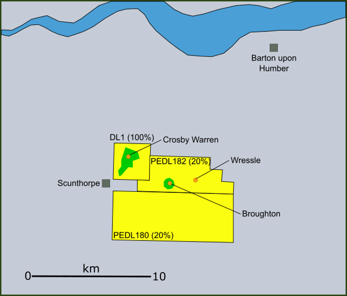 Map of North Lincolnshire licences showing DL1 Crosby Warren, PEDL180 Wressle and PEDL182 Broughton near Scunthorpe